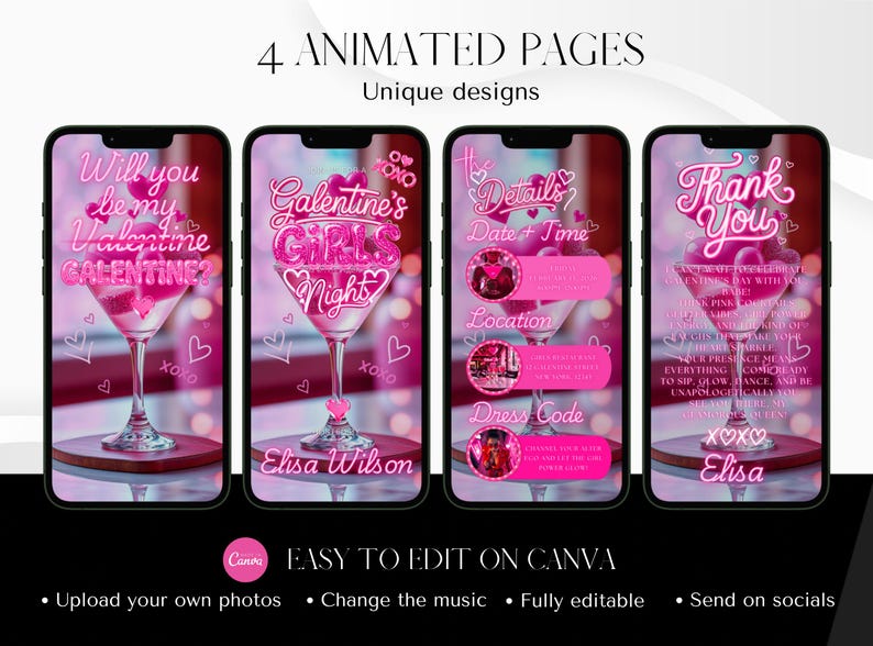 Op de afbeelding: Vier geanimeerde telefoonschermen met roze cocktailontwerpen voor Valentijnsdag- of Galentine-evenementen. Elk scherm bevat tekst als "Wil je mijn Valentijn zijn?" en "Galentine's Girls Night". Het ontwerp bevat harten en de tekst "Gemakkelijk te bewerken op Canva."