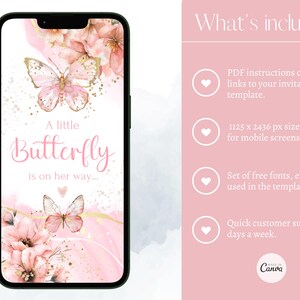 May include: A pink and gold digital invitation template for a baby shower. The template features a butterfly with the text "A little Butterfly is on her way..."
