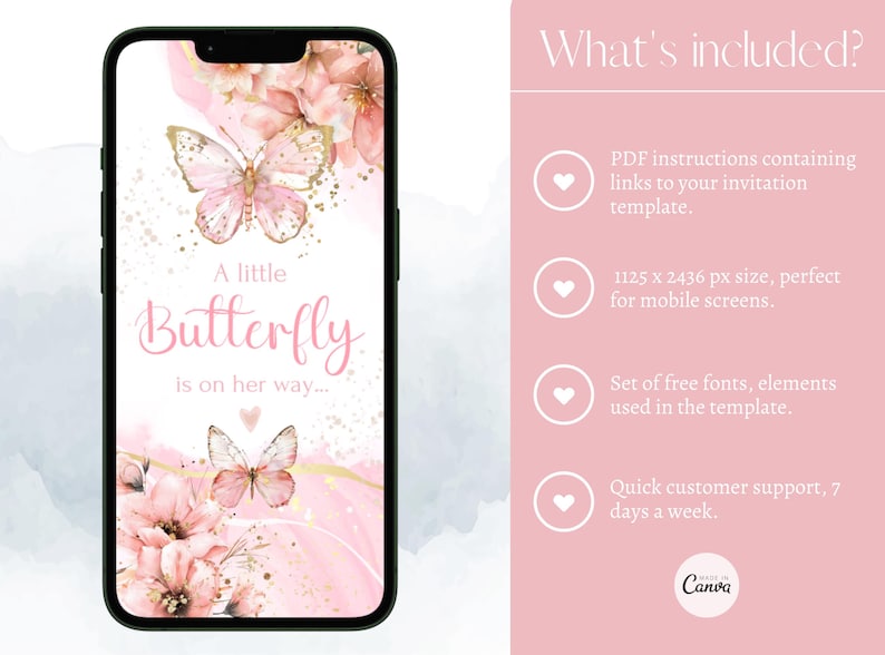 May include: A pink and gold digital invitation template for a baby shower. The template features a butterfly with the text "A little Butterfly is on her way..."