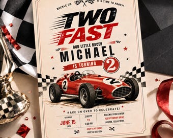 Two Fast Birthday Invitation, Vintage Race Car 2nd Birthday, Editable Template (Digital Download)