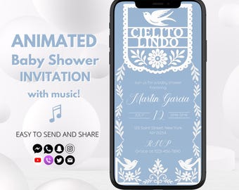 Dusty Blue Cielito Lindo Baby Shower Invitation – Mexican Papel Picado Baby Boy Invite, Editable Canva Template, Talavera Theme