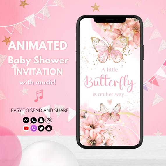 Animated Butterfly Baby Shower Invitation | Butterflies Video Invite | Editable Girl Baby Shower Invite with Butterflies