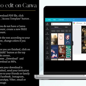 May include: A laptop screen displaying a Canva design template for a "Game Night" party invitation. The template features a black and gold design with the text "Game Night" and "Oliver's 30th Birthday". The image also includes instructions on how to edit the template using Canva.