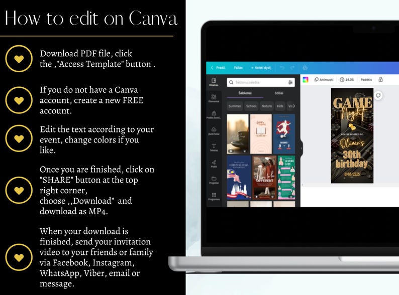 May include: A laptop screen displaying a Canva design template for a "Game Night" party invitation. The template features a black and gold design with the text "Game Night" and "Oliver's 30th Birthday". The image also includes instructions on how to edit the template using Canva.