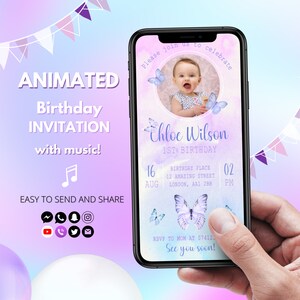 Faire-part d'anniversaire papillon animé Faire-part d'anniversaire petit papillon vidéo Faire-part d'anniversaire fille pastel animé avec photo