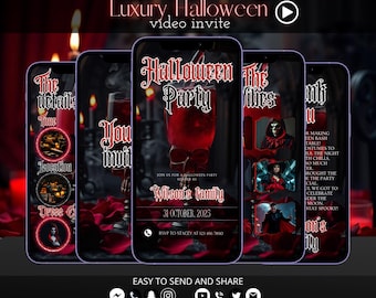 Halloween Party Invitation Video, Animated Digital Halloween Invite Template, Gothic Skull Costumes Cocktail Editable Mobile Invite