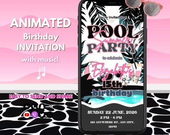 Animated Swim Party Invite, Editable Girls Pool Party Invitation, Summer Birthday Digital Template, Instant Download