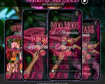 May include: A digital invitation for a birthday party, featuring a pink and purple color scheme. The text reads "Mumu's & Margaritas" and "Stacey's 30th Birthday." The invitation includes images and the words "Easy to send and share."