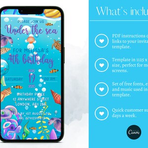 May include: A blue and green mobile phone screen displaying a printable invitation for a 4th birthday party. The invitation features an under the sea theme with colorful fish, seashells, and bubbles. The text on the invitation reads "Please join us Under the sea for Melissa's 4th birthday" and includes the date, time, and location of the party.
