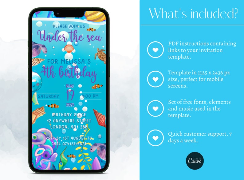 May include: A blue and green mobile phone screen displaying a printable invitation for a 4th birthday party. The invitation features an under the sea theme with colorful fish, seashells, and bubbles. The text on the invitation reads "Please join us Under the sea for Melissa's 4th birthday" and includes the date, time, and location of the party.