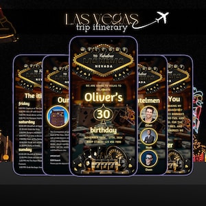 May include: A black and gold Las Vegas themed invitation for a 30th birthday party. The invitation features a neon sign with the words "To Fabulous Las Vegas Nevada" and a playing card with the number 30. The invitation also includes a list of events for the weekend, including a trip to the Cosmopolitan Hotel, a poker game, and a brunch at Wicked Spoon.