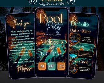 May include: A digital invitation for a pool party celebrating Melissa's 30th birthday. The invitation features a tropical theme with palm trees and a pool. The text on the invitation reads "Pool Party", "Join us to celebrate Melissa's 30th Birthday", "The Details", "Date + Time", "Saturday July 19, 2025 6:00 PM - 12:00 PM", "Location", "Splash Haven 24 Poolside Lane Sunshine Bay, FL 12345", "Dress Code", "Suit up and make a splash-it's time to glow, poolside!"