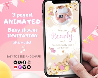 We Can Bearly Wait Baby Shower Invitation Girl Digital Bear Baby Shower Girl Animated Invitation Video Baby Shower Girl Invitation Bear