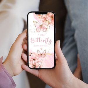 May include: A pink and gold smartphone wallpaper featuring a butterfly and flowers. The text reads "A little Butterfly is on her way."