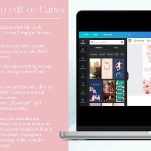 May include: A laptop screen displaying a Canva design template with a pink and white butterfly design. The text "Butterfly" is written in a pink script font. The text "How to edit on Canva" is written in black text on a pink background.