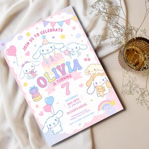 May include: A pastel-colored birthday invitation featuring cartoon characters, balloons, and a rainbow. The invitation reads "Olivia is Turning 7" with event details. The design includes a cake, stars, and the text "Join Us to Celebrate."