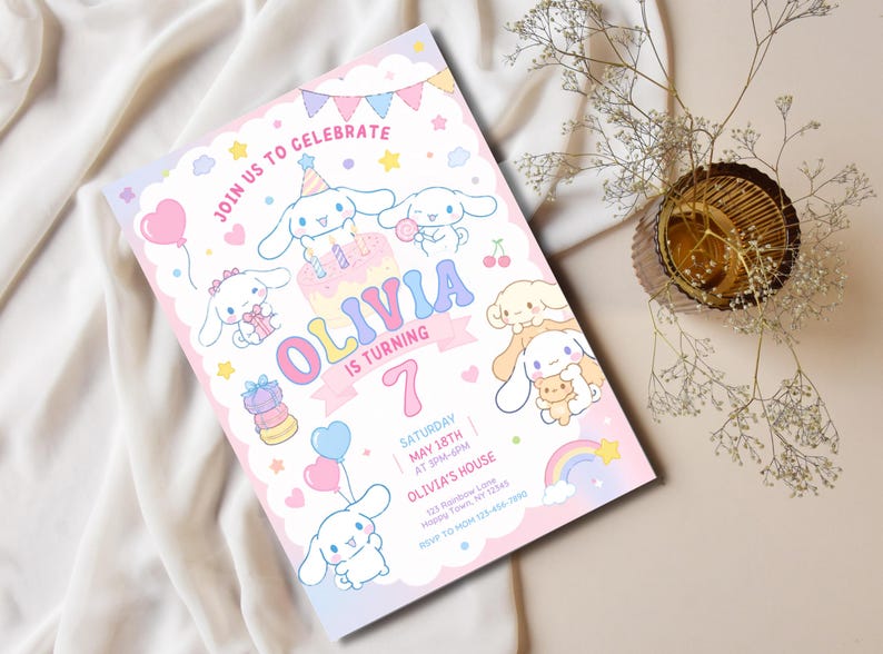 May include: A pastel-colored birthday invitation featuring cartoon characters, balloons, and a rainbow. The invitation reads "Olivia is Turning 7" with event details. The design includes a cake, stars, and the text "Join Us to Celebrate."