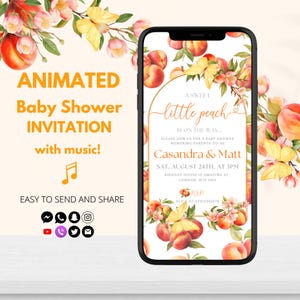Little Peach Baby Shower Invitation | Animated Girl Baby Shower Invite | Peach on the Way Editable Template | Summer Fruit Baby Shower