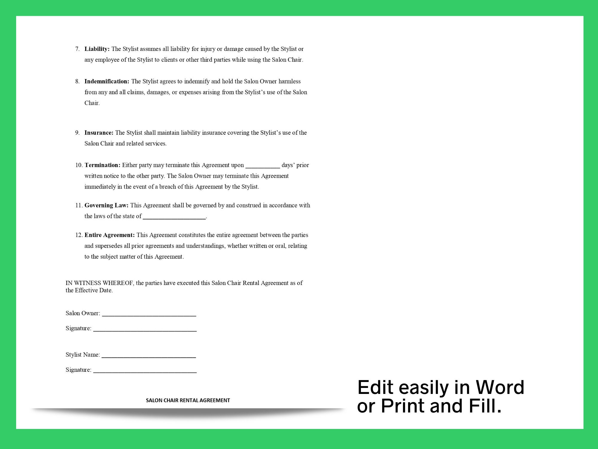 Editable Salon Chair Rental Agreement Salon Booth Rental Etsy Australia
