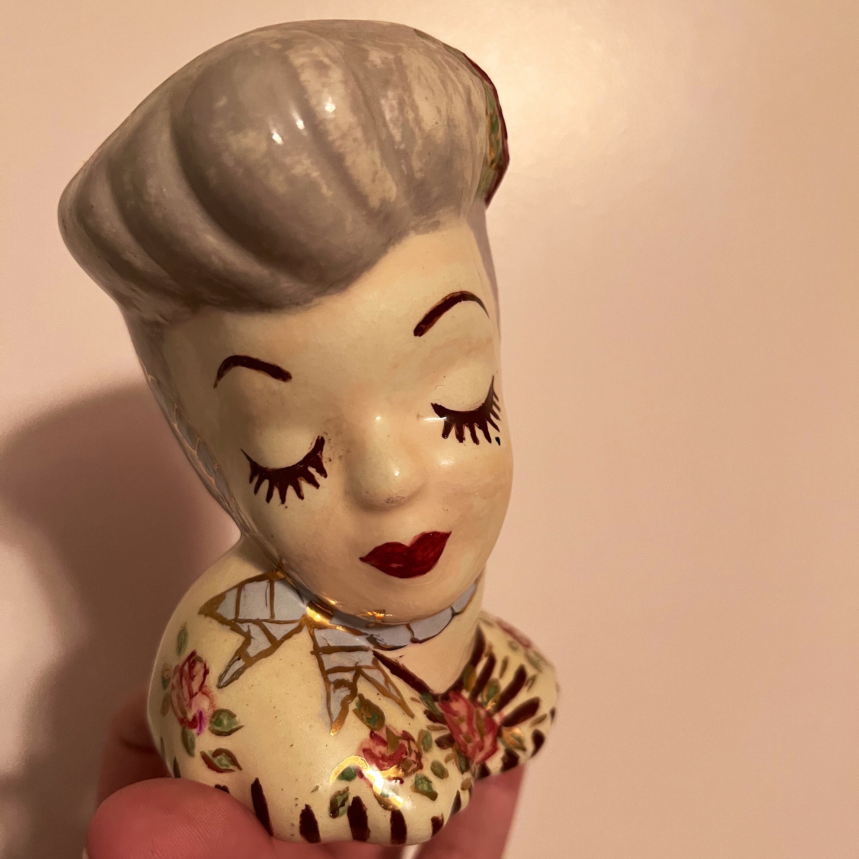 1950s glamour girl, blue and gold head vase, wall pocket,pin up, lady