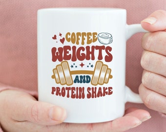 Fitness coffee mug, Coffee, weights & protein shakes, High Quality Gift for Exercise, Cross trainer, Weight lifter, Personal Trainer, Gym