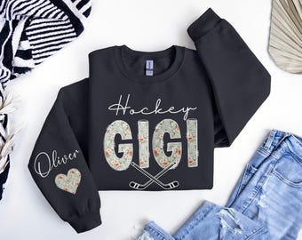 Custom Hockey Gigi Sweatshirt, Hockey Grandma Sweater, Personalized Gigi Gift for Hockey Mom, Game Day Grandma Crewneck, Custom Sleeve Name