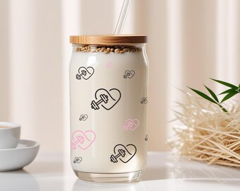 Gym glass cup, Gym lover Gifts, beer can glass with lid & straw, Workout Iced coffee cup, Libbey glass cup, workout cup, Weightlifting Gifts