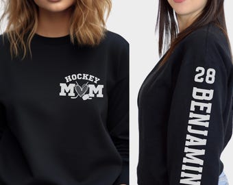 Custom Hockey Mom Sweatshirt With Kids Name on Sleeve, Personalized Hockey Sweatshirt For Mom, Fall Hockey outfit, Gift For Hockey Mom