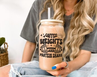 Weightlifting glass, Gym Lover Gifts, Workout glass with lid & straw, Gym Iced coffee cup, Libbey glass cup, workout cup, Gift for Gym Girl