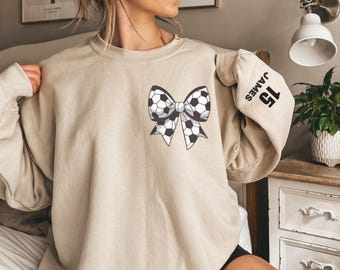 Custom Soccer Bow Sweatshirt, Custom Soccer Coquette Hoodie, Soccer Mom Shirt, Personalized Game Day Sweatshirt, Sports Mom Gift, Soccer fan