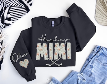 Custom Hockey Mimi Sweatshirt, Hockey Grandma Sweater, Personalized Mimi Gift for Hockey Mom, Game Day Grandma Crewneck, Custom Sleeve Name