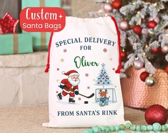 Personalized Hockey Christmas Gift Sack, Custom Santa Bag for Kids, Santa Delivery sack with Name for Hockey Lovers, Christmas Stocking
