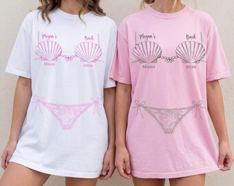 Custom Bikini Bachelorette Group Shirts, Last Toast Coastal Beach Bach Party Matching Tees, Cute Funny Seashell Bikini Bra Comfort Color Top