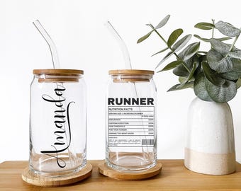 Personalized Gift For Runner, custom Sipper Glass With Straw, Running Lover gift for Marathon Runner, Iced Coffee Cup, Runner Gift For Women