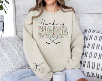 Custom Hockey Nana Sweatshirt, Name on Sleeve, Ice Hockey Grandma Sweater, Personalized Hockey Gift for nana, Game Day Grandparent Crewneck