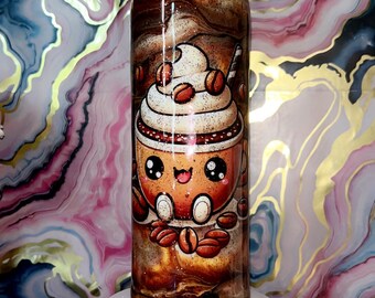 May include: An insulated tumbler with a coffee design. The tumbler has a cartoon coffee cup with whipped cream and coffee beans. The background features a swirling pattern of pink, blue, and gold.