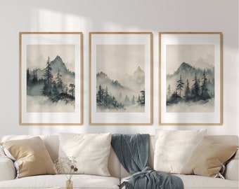 Printable Mountain Print Set of 3, Watercolor Mountain,  Abstract Landscape, Nature Prints, Modern Minimal Wall Decor, Digital Download