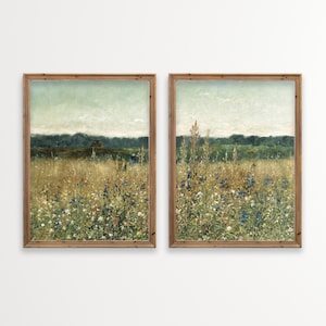 Neutral Country 2er Set Vintage Wandkunst | Printable Wildblumenfeld Landschaft | Rustikales Bauernhaus Dekor | Digitaler Download
