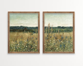 Neutral Country Set of 2 Vintage Wall Art | Printable Wildflower Field Landscape | Rustic Farmhouse Decor | Digital Download