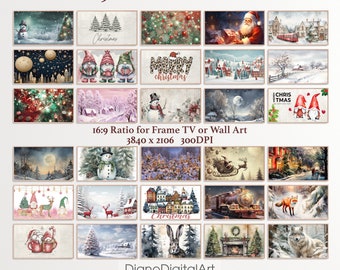 May include: A collection of 30 digital Christmas-themed art files for frame TVs or wall art. The images feature various winter scenes, including snowmen, Santa Claus, gnomes, and festive decorations. The aspect ratio is 16:9, with a resolution of 3840 x 2106 and 300 DPI.