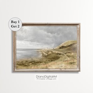 Vintage Seaside Landscape Painting, Vintage Art Print, Printable Summer Coastal Vintage Wall Art, Muted Colors Decor, Digital Download
