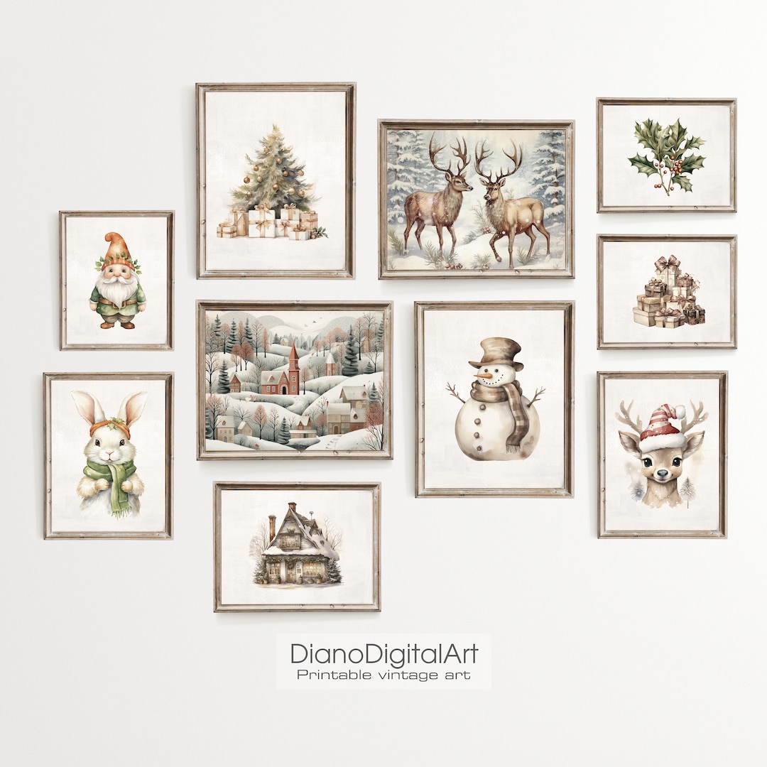 Christmas Wall Art Gallery Set of Ten, Printable Download Xmas Rustic