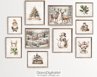 Puede incluir: Un conjunto de 10 ilustraciones de Navidad acuarelables imprimibles en estilo rústico. Las ilustraciones incluyen un muñeco de nieve, un ciervo, un gnomo, una cabaña, un árbol de Navidad, un pueblo y más.