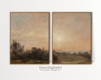 Conjunto de 2 pinturas de paisajes silenciados, arte de pared imprimible neutral vintage, descarga digital