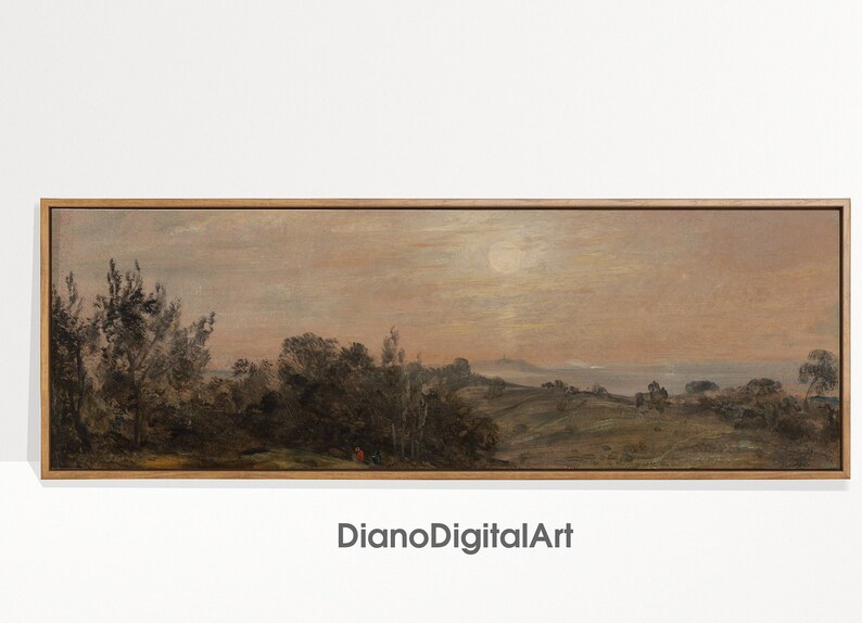 May include: A framed landscape painting depicting a rural scene with a distant view of a body of water. The sky is a soft pink and orange, with a bright white moon in the center. The foreground features a group of trees and a small path leading to a hill.