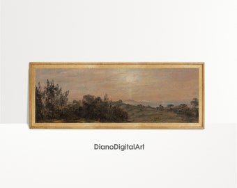Long Landscape Oil Painting, Panoramic Art Print, Above Bed Decor, Instant Download, Printable Wall Art