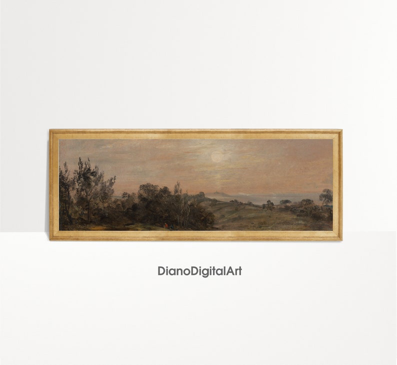 May include: A framed landscape painting depicting a rural scene with a distant body of water. The sky is a soft pink and orange, with a single white cloud in the center. The foreground features a group of trees and bushes, with a small figure in the distance.