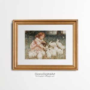 May include: A vintage illustration of a young girl in a pink dress feeding a group of white rabbits in a grassy field. The girl is holding a basket and the rabbits are gathered around her.