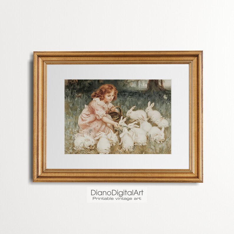 May include: A vintage illustration of a young girl in a pink dress feeding a group of white rabbits in a grassy field. The girl is holding a basket and the rabbits are gathered around her.