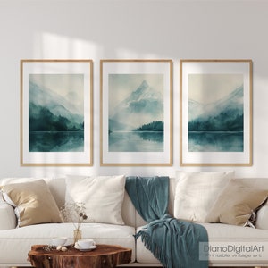 Abstract Landscape Lake Printable Wall Art Set, Watercolor Mountain Range Scenery, Emerald Green Wall Art, Minimalist Living Room Wall Decor